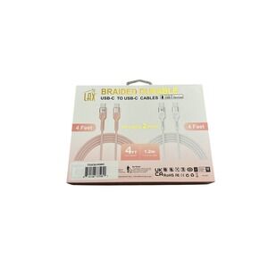 LAX USB-C to USB-C Cables Unisex 4ft Pink White NEW 2-Pack Braided Durable 60W